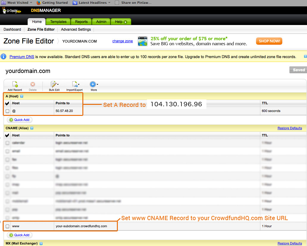 Example instructions for GoDaddy CrowdfundHQ DNS changes
