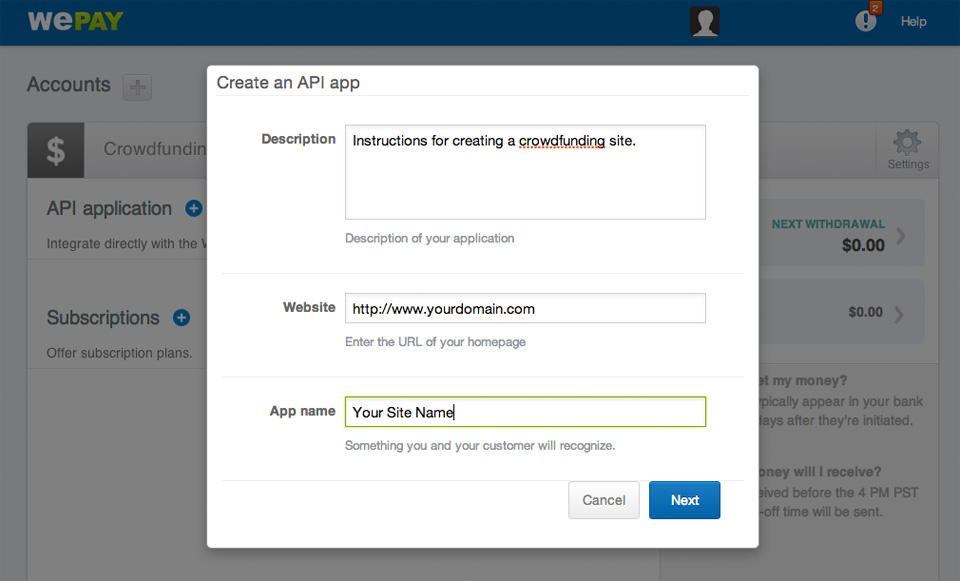 WePay Existing Account API App Form